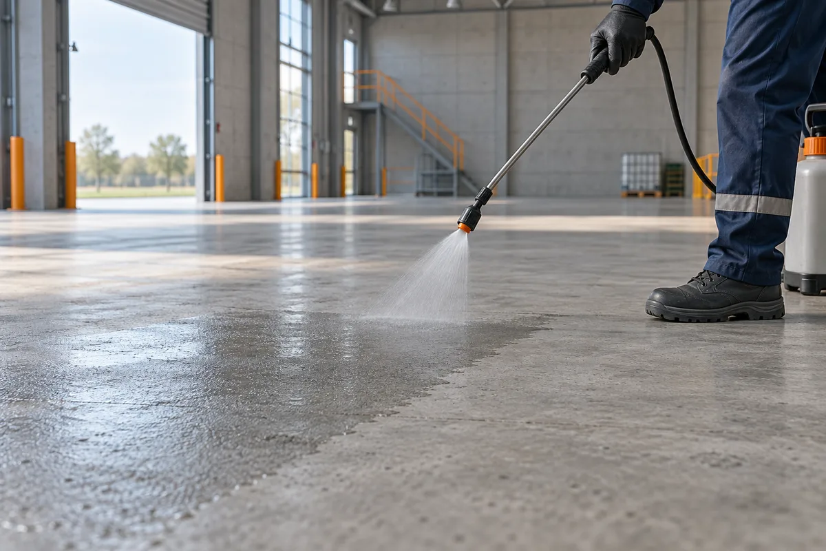 AI illustration of a sprayer applying liquid treatment to a bare concrete surface