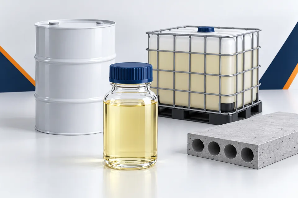 Pale-yellow liquid PCE with illustrative drum and IBC packaging